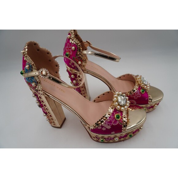 Azalea Wang Cici Brocade Fabric Rhinestone Faux Pearl Embellished Platform Sz 11 - Picture 1 of 15